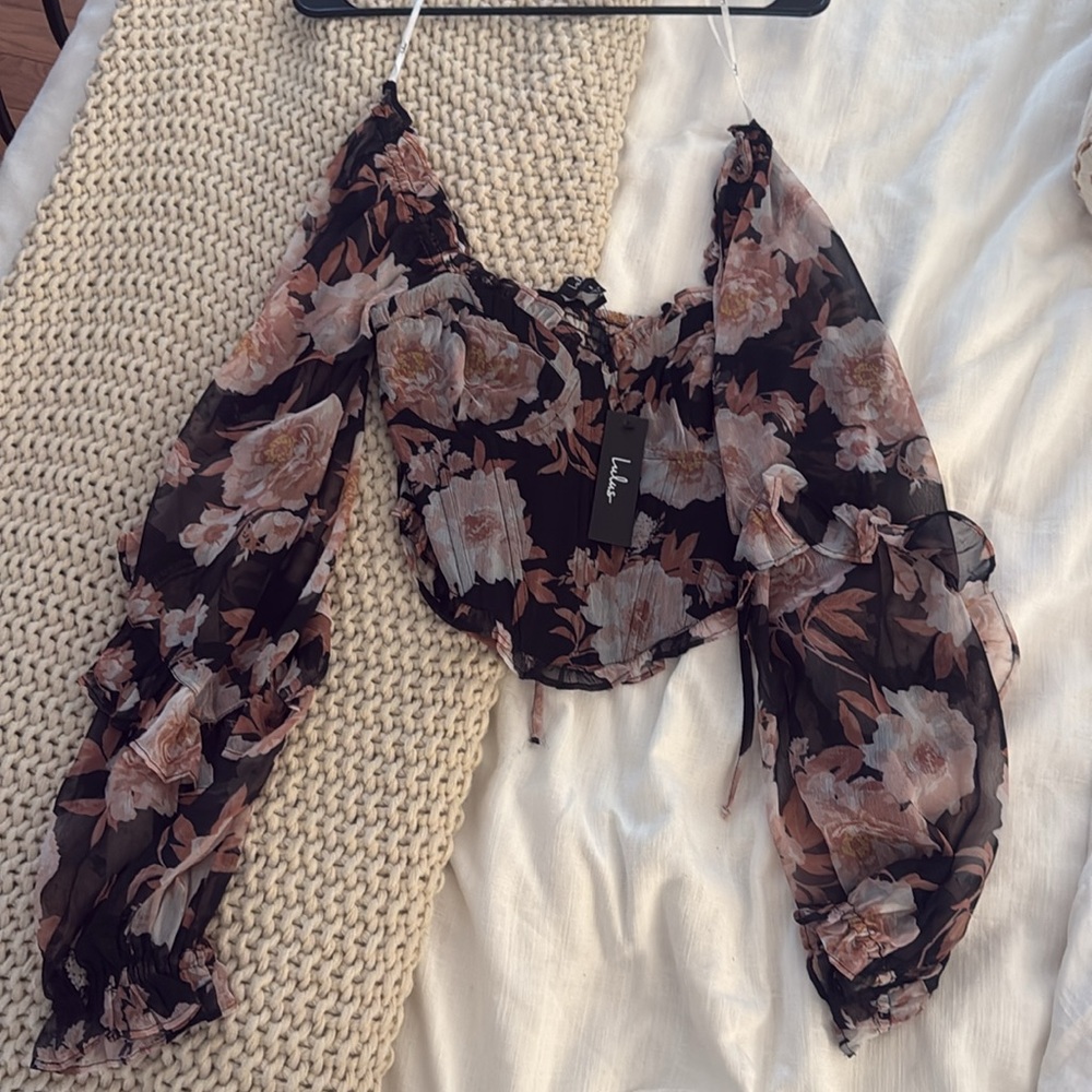 Lulus Impressive Poise Black Floral Print Long Sleeve Bustier Crop Top - Picture 2 of 3